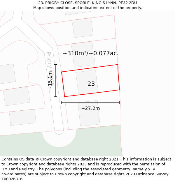 23, PRIORY CLOSE, SPORLE, KING'S LYNN, PE32 2DU: Plot and title map