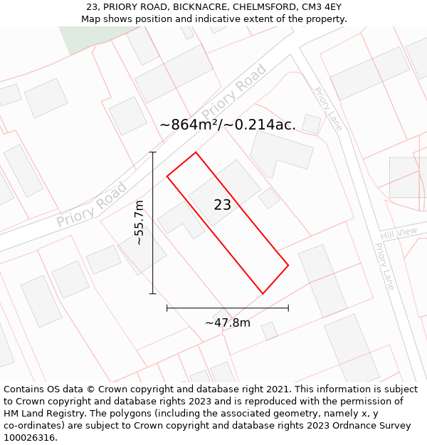 23, PRIORY ROAD, BICKNACRE, CHELMSFORD, CM3 4EY: Plot and title map