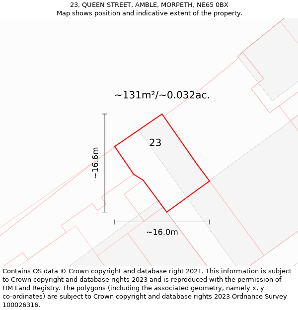 23, QUEEN STREET, AMBLE, MORPETH, NE65 0BX: Plot and title map