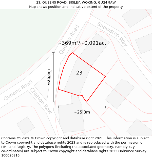 23, QUEENS ROAD, BISLEY, WOKING, GU24 9AW: Plot and title map