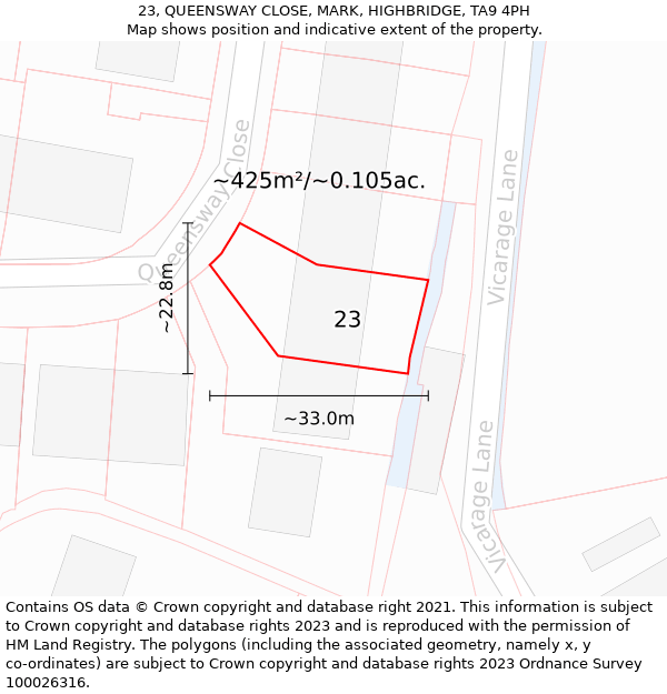 23, QUEENSWAY CLOSE, MARK, HIGHBRIDGE, TA9 4PH: Plot and title map