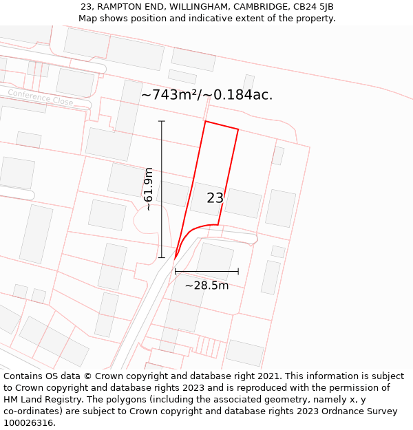 23, RAMPTON END, WILLINGHAM, CAMBRIDGE, CB24 5JB: Plot and title map