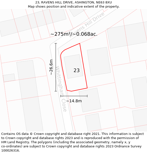 23, RAVENS HILL DRIVE, ASHINGTON, NE63 8XU: Plot and title map