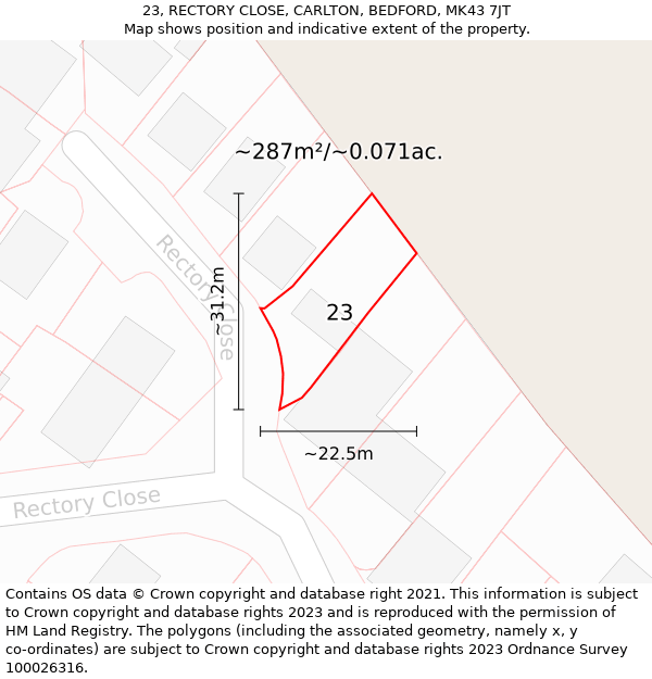 23, RECTORY CLOSE, CARLTON, BEDFORD, MK43 7JT: Plot and title map