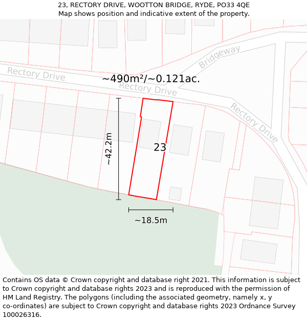 23, RECTORY DRIVE, WOOTTON BRIDGE, RYDE, PO33 4QE: Plot and title map