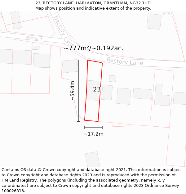 23, RECTORY LANE, HARLAXTON, GRANTHAM, NG32 1HD: Plot and title map