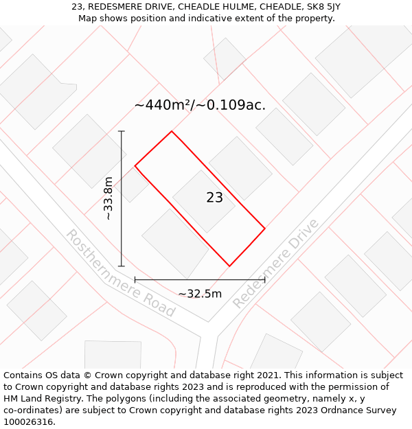 23, REDESMERE DRIVE, CHEADLE HULME, CHEADLE, SK8 5JY: Plot and title map