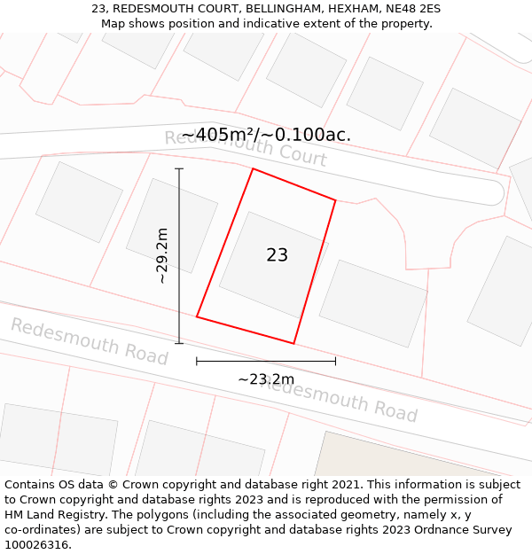 23, REDESMOUTH COURT, BELLINGHAM, HEXHAM, NE48 2ES: Plot and title map