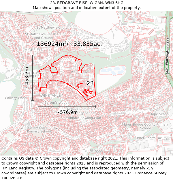 23, REDGRAVE RISE, WIGAN, WN3 6HG: Plot and title map