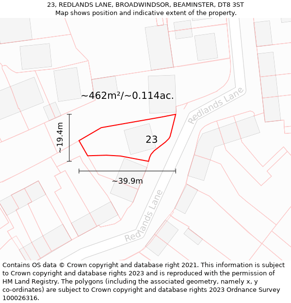 23, REDLANDS LANE, BROADWINDSOR, BEAMINSTER, DT8 3ST: Plot and title map