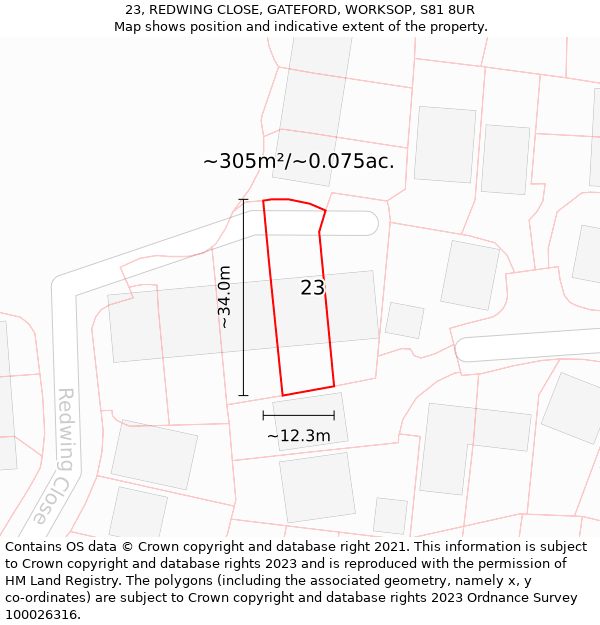 23, REDWING CLOSE, GATEFORD, WORKSOP, S81 8UR: Plot and title map