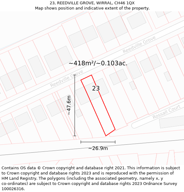 23, REEDVILLE GROVE, WIRRAL, CH46 1QX: Plot and title map