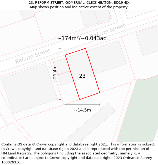 23, REFORM STREET, GOMERSAL, CLECKHEATON, BD19 4JX: Plot and title map