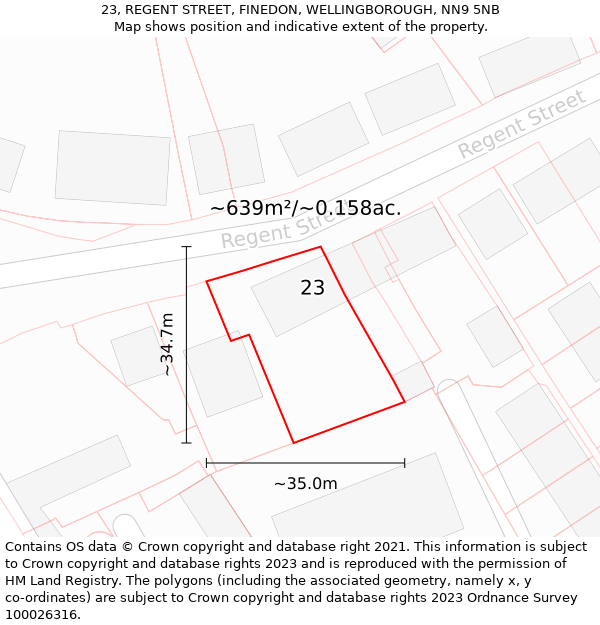 23, REGENT STREET, FINEDON, WELLINGBOROUGH, NN9 5NB: Plot and title map