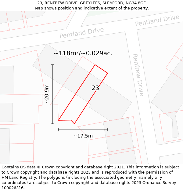 23, RENFREW DRIVE, GREYLEES, SLEAFORD, NG34 8GE: Plot and title map