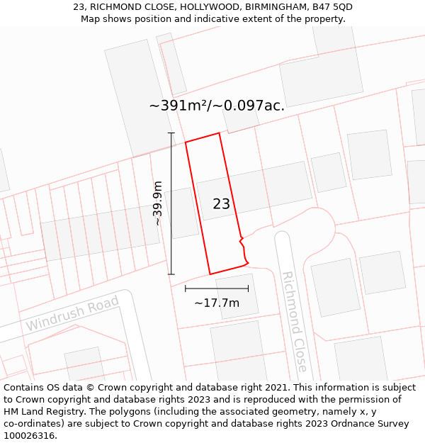 23, RICHMOND CLOSE, HOLLYWOOD, BIRMINGHAM, B47 5QD: Plot and title map