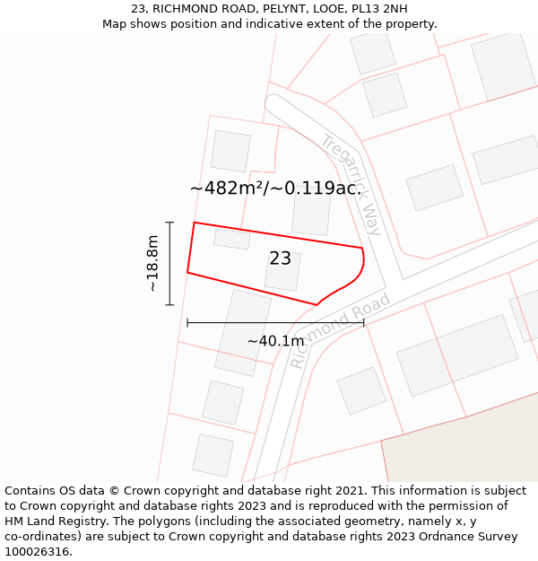 23, RICHMOND ROAD, PELYNT, LOOE, PL13 2NH: Plot and title map