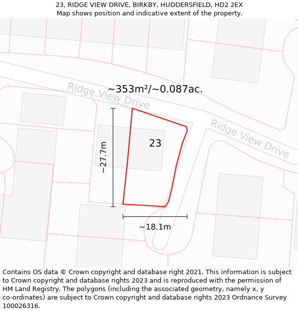 23, RIDGE VIEW DRIVE, BIRKBY, HUDDERSFIELD, HD2 2EX: Plot and title map
