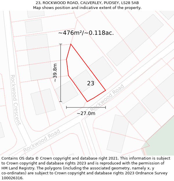 23, ROCKWOOD ROAD, CALVERLEY, PUDSEY, LS28 5AB: Plot and title map