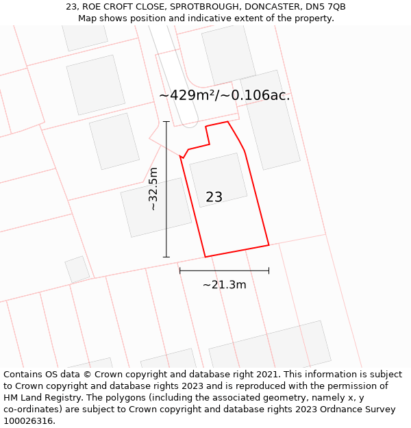23, ROE CROFT CLOSE, SPROTBROUGH, DONCASTER, DN5 7QB: Plot and title map