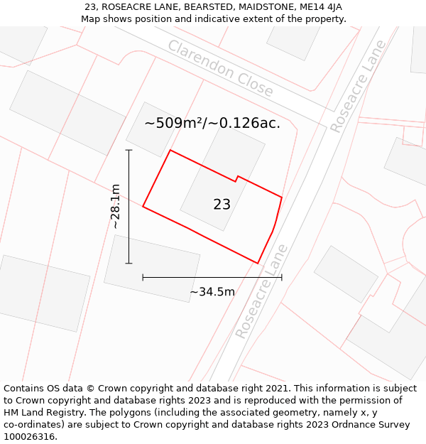 23, ROSEACRE LANE, BEARSTED, MAIDSTONE, ME14 4JA: Plot and title map