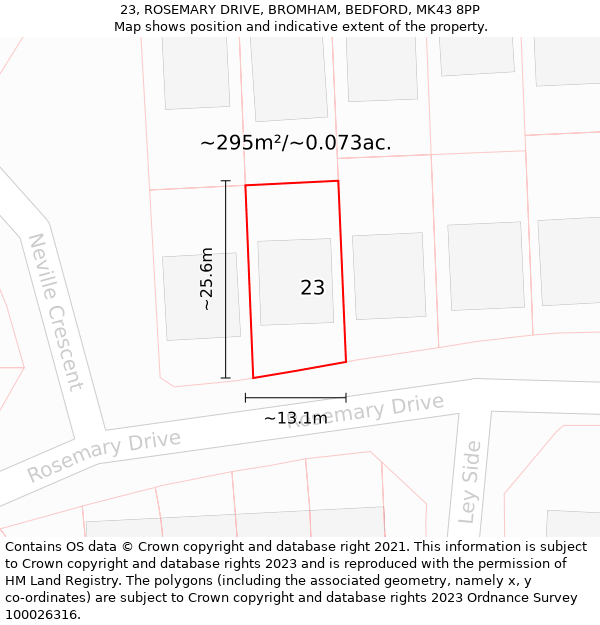 23, ROSEMARY DRIVE, BROMHAM, BEDFORD, MK43 8PP: Plot and title map