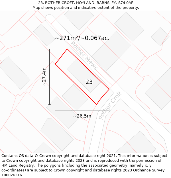 23, ROTHER CROFT, HOYLAND, BARNSLEY, S74 0AF: Plot and title map