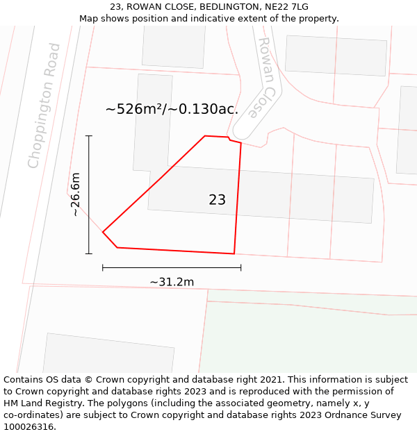 23, ROWAN CLOSE, BEDLINGTON, NE22 7LG: Plot and title map