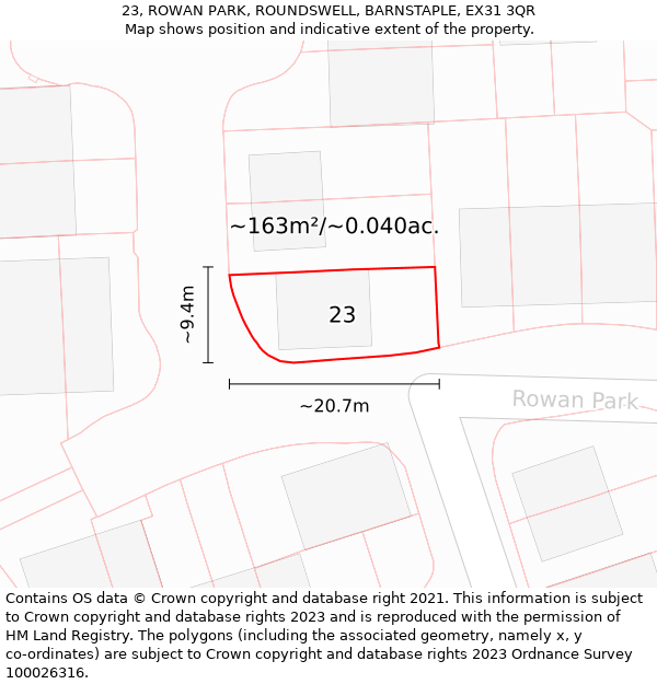 23, ROWAN PARK, ROUNDSWELL, BARNSTAPLE, EX31 3QR: Plot and title map