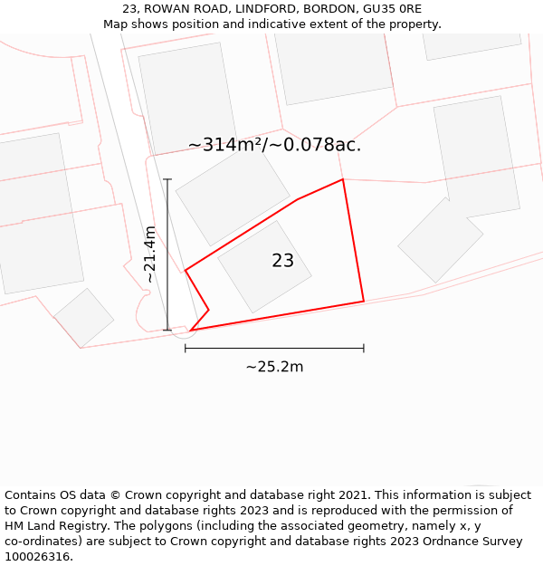 23, ROWAN ROAD, LINDFORD, BORDON, GU35 0RE: Plot and title map