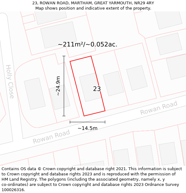 23, ROWAN ROAD, MARTHAM, GREAT YARMOUTH, NR29 4RY: Plot and title map