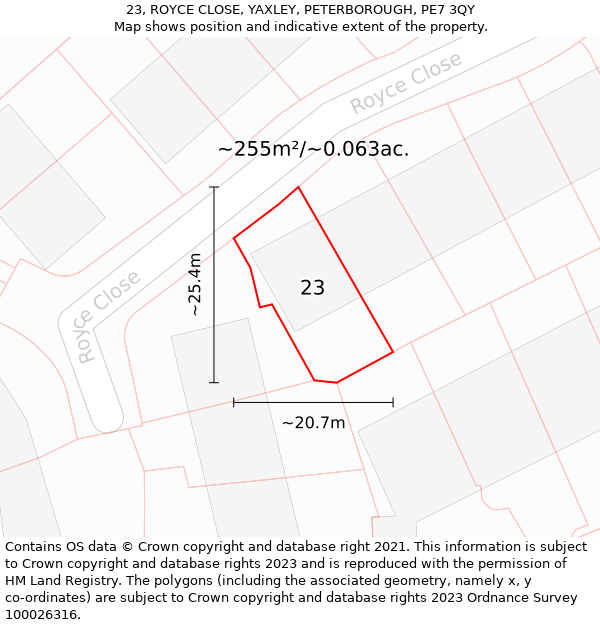 23, ROYCE CLOSE, YAXLEY, PETERBOROUGH, PE7 3QY: Plot and title map