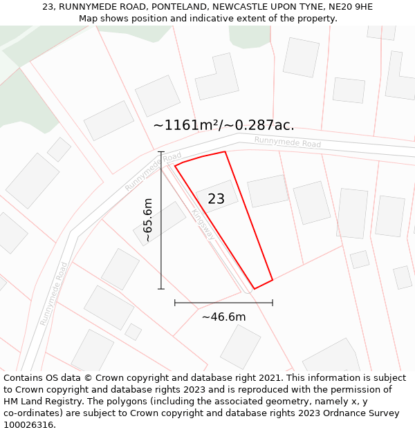 23, RUNNYMEDE ROAD, PONTELAND, NEWCASTLE UPON TYNE, NE20 9HE: Plot and title map