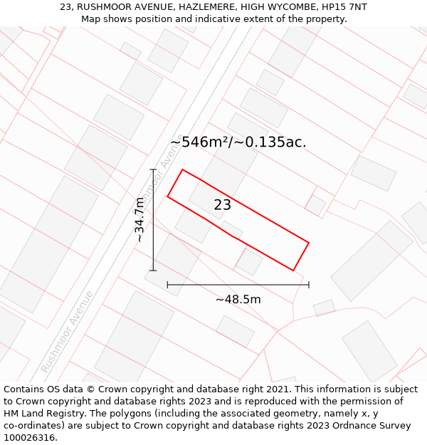 23, RUSHMOOR AVENUE, HAZLEMERE, HIGH WYCOMBE, HP15 7NT: Plot and title map