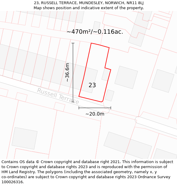 23, RUSSELL TERRACE, MUNDESLEY, NORWICH, NR11 8LJ: Plot and title map