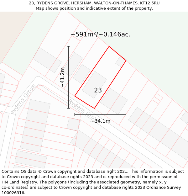 23, RYDENS GROVE, HERSHAM, WALTON-ON-THAMES, KT12 5RU: Plot and title map