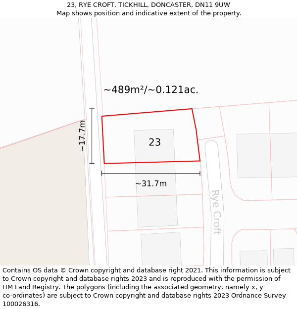 23, RYE CROFT, TICKHILL, DONCASTER, DN11 9UW: Plot and title map