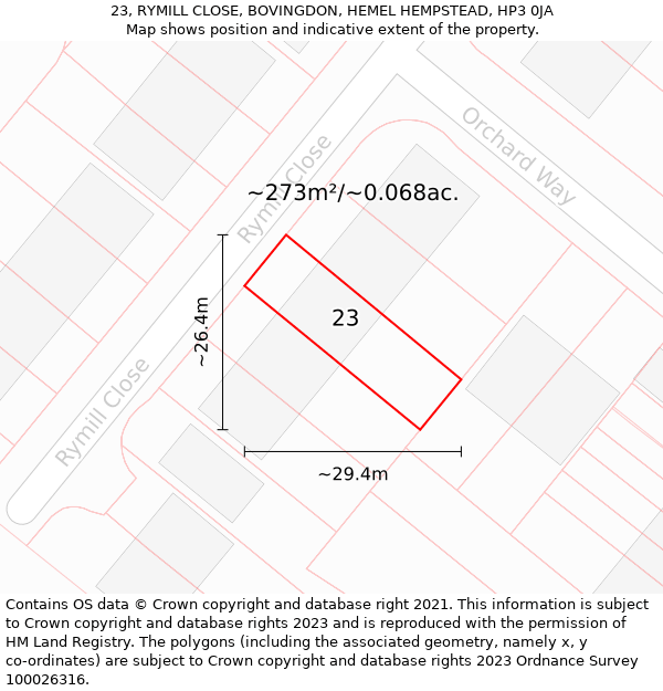 23, RYMILL CLOSE, BOVINGDON, HEMEL HEMPSTEAD, HP3 0JA: Plot and title map