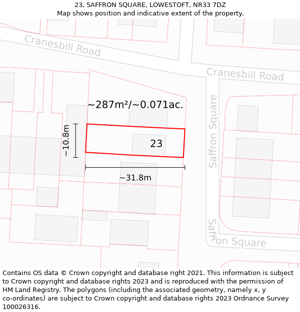 23, SAFFRON SQUARE, LOWESTOFT, NR33 7DZ: Plot and title map