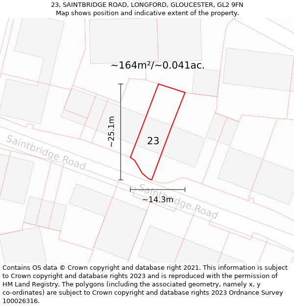 23, SAINTBRIDGE ROAD, LONGFORD, GLOUCESTER, GL2 9FN: Plot and title map