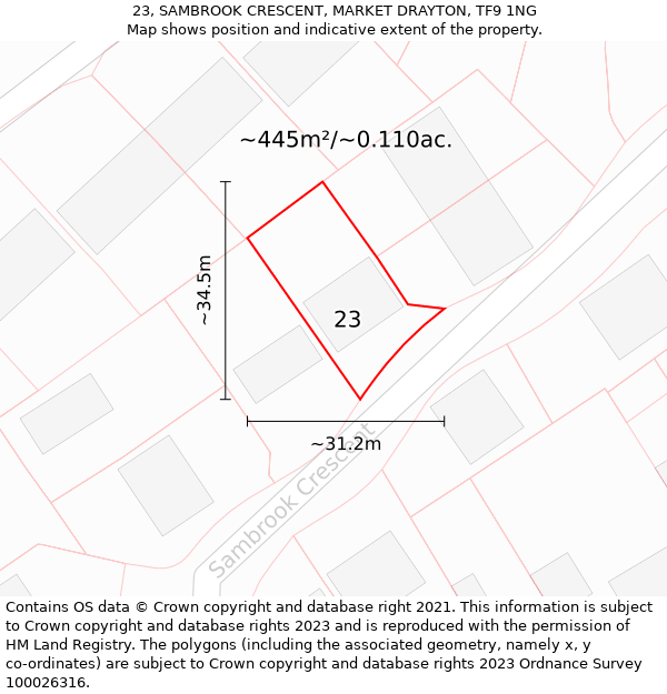 23, SAMBROOK CRESCENT, MARKET DRAYTON, TF9 1NG: Plot and title map