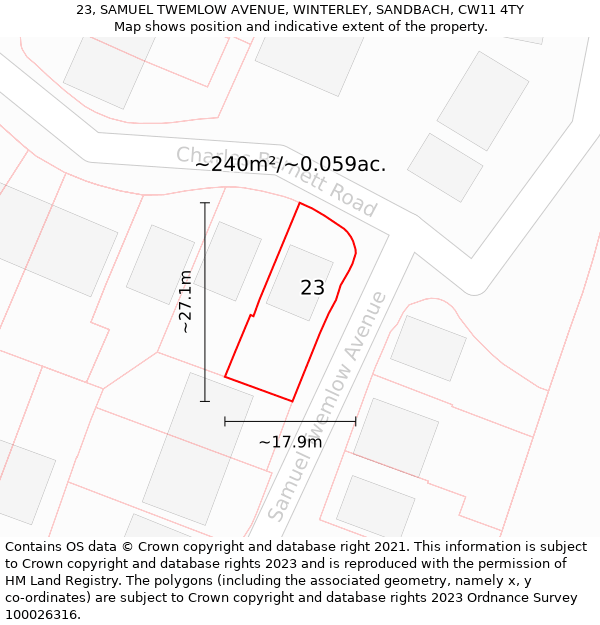 23, SAMUEL TWEMLOW AVENUE, WINTERLEY, SANDBACH, CW11 4TY: Plot and title map