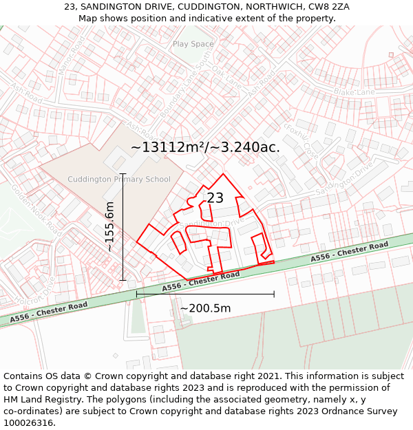 23, SANDINGTON DRIVE, CUDDINGTON, NORTHWICH, CW8 2ZA: Plot and title map