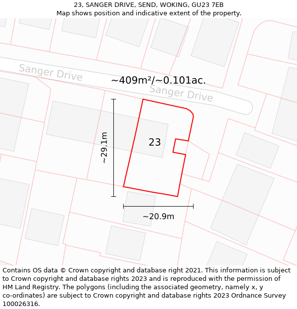 23, SANGER DRIVE, SEND, WOKING, GU23 7EB: Plot and title map