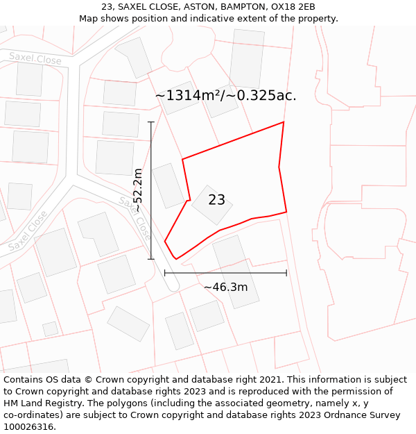 23, SAXEL CLOSE, ASTON, BAMPTON, OX18 2EB: Plot and title map