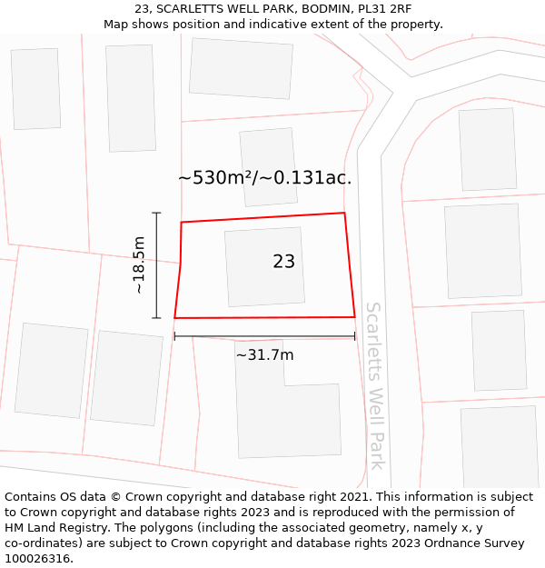 23, SCARLETTS WELL PARK, BODMIN, PL31 2RF: Plot and title map