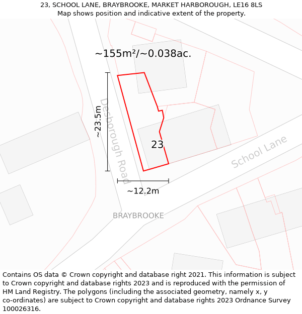 23, SCHOOL LANE, BRAYBROOKE, MARKET HARBOROUGH, LE16 8LS: Plot and title map