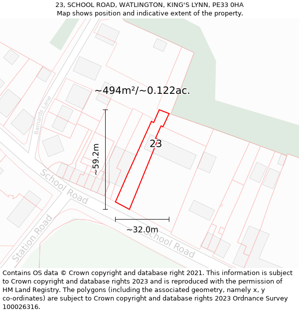 23, SCHOOL ROAD, WATLINGTON, KING'S LYNN, PE33 0HA: Plot and title map