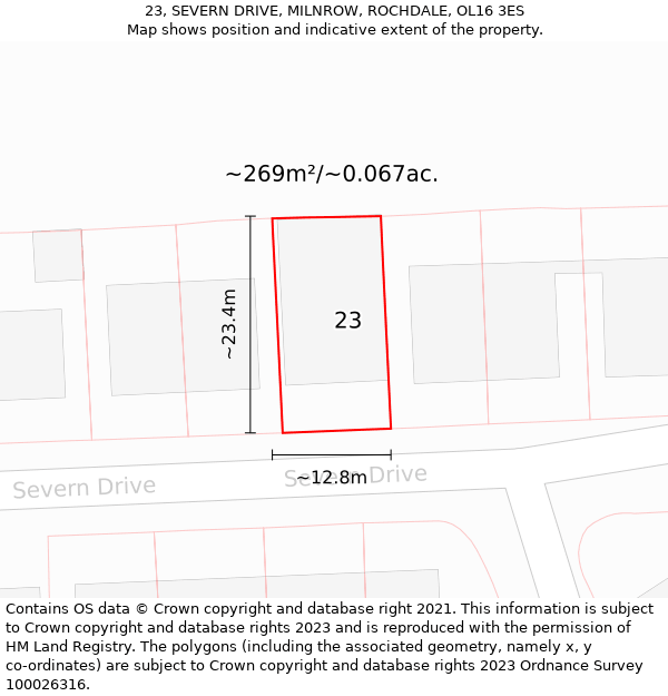 23, SEVERN DRIVE, MILNROW, ROCHDALE, OL16 3ES: Plot and title map