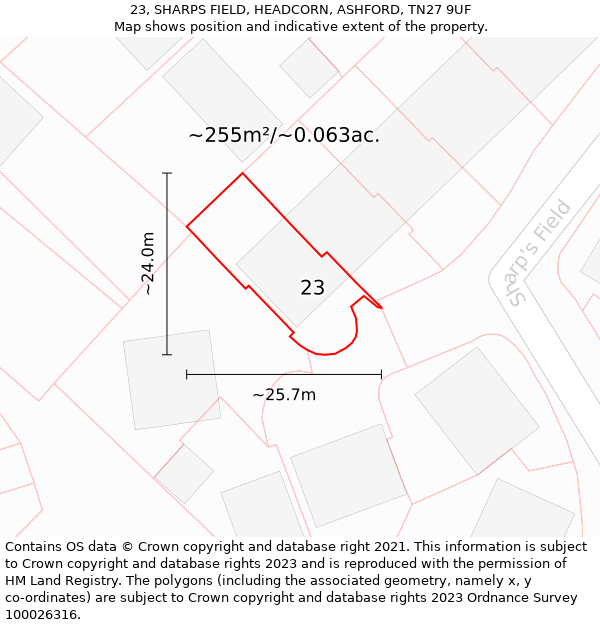 23, SHARPS FIELD, HEADCORN, ASHFORD, TN27 9UF: Plot and title map